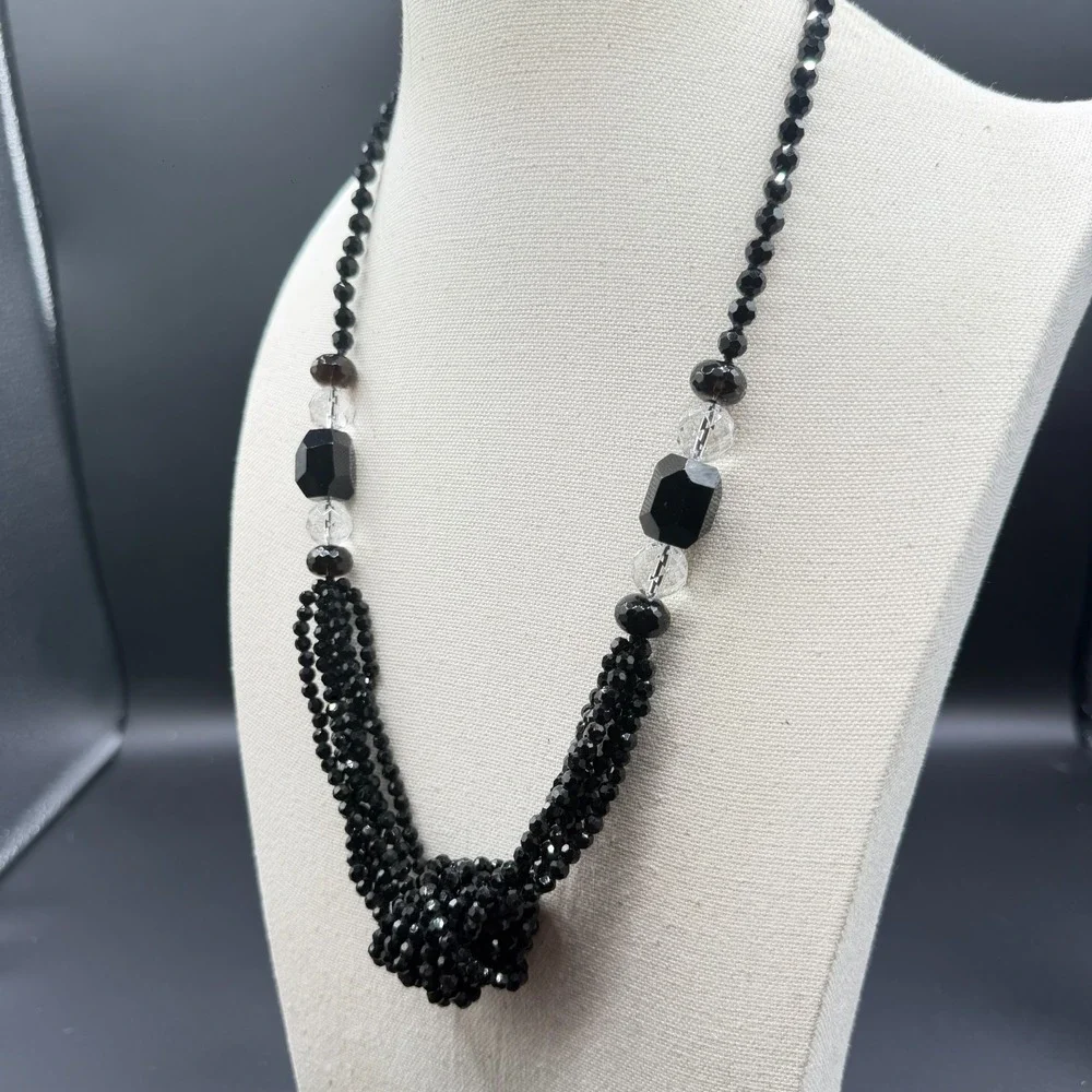 Black Faceted Bead Multi Strand Statement Necklace Knotted Gothic Cocktail Gift